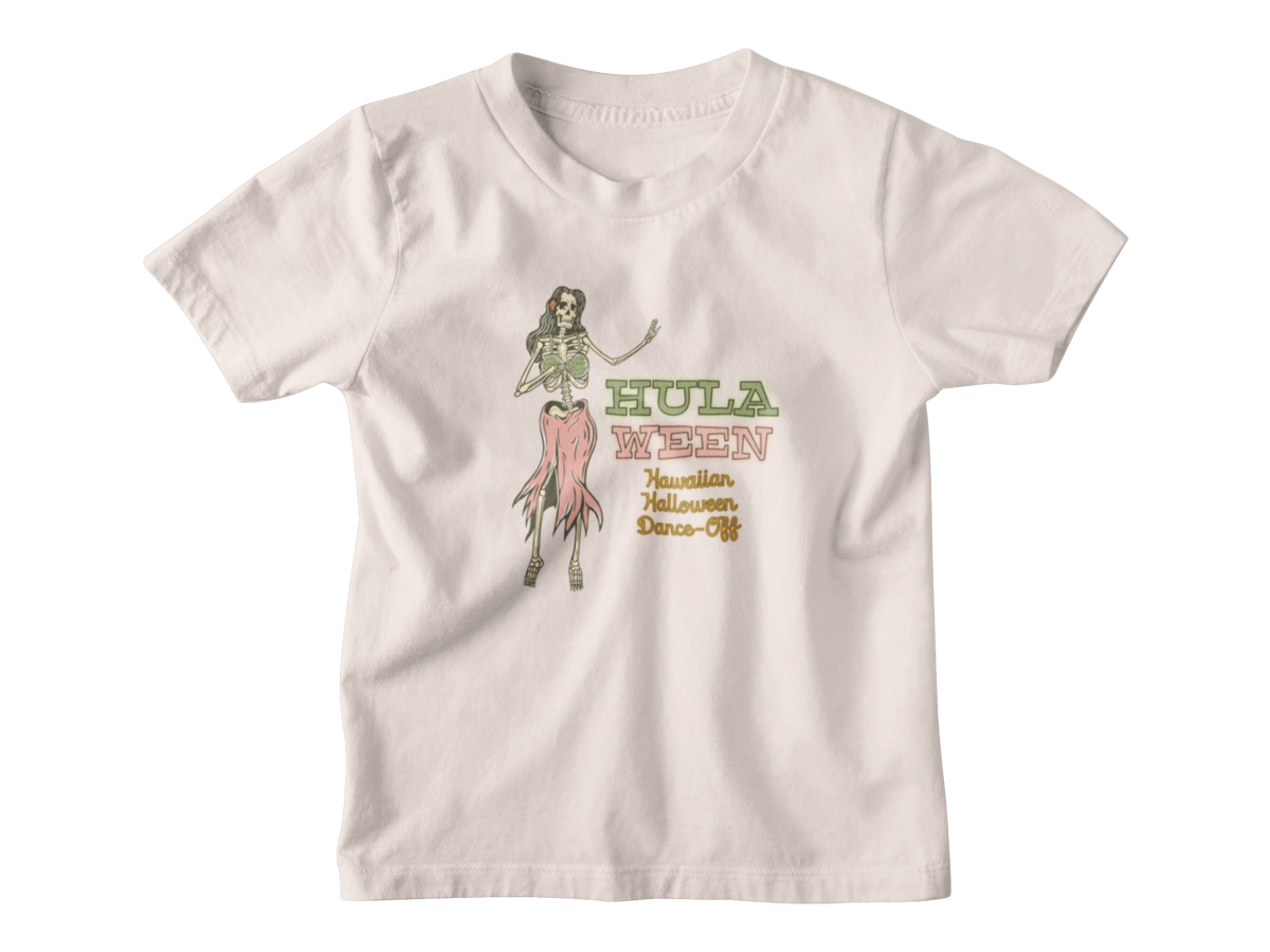 A white short-sleeve kid t-shirt with a graphic on the front showing a hula dancer and the text &