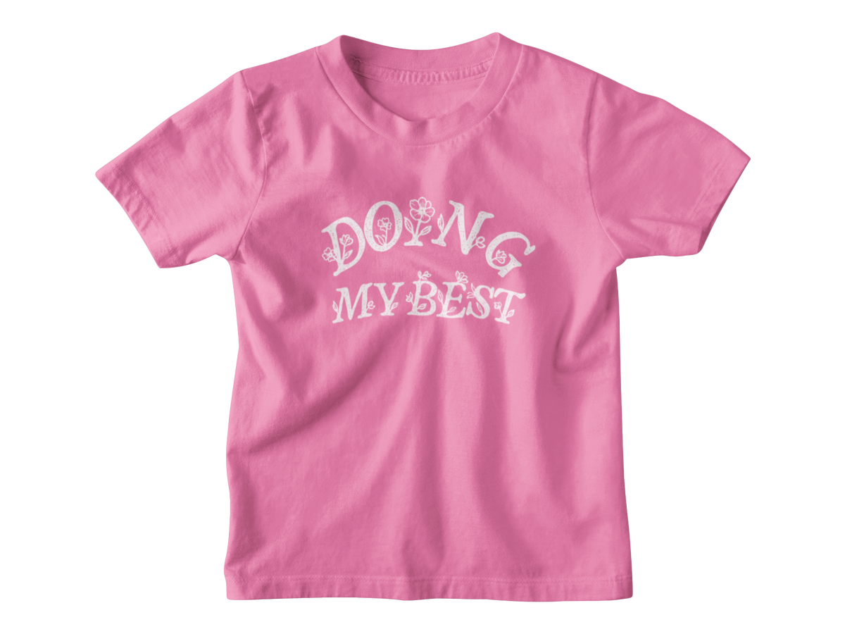 A pink kids short-sleeve crewneck t-shirt with a white graphic text print reading &