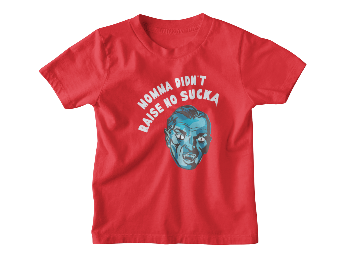A red short-sleeve Halloween kids t-shirt with a graphic of a vampire and the text &