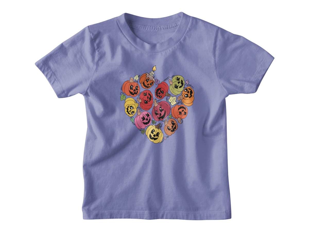 A violet Halloween short-sleeve kids t-shirt with a heart-shaped graphic of smiling jack-o&