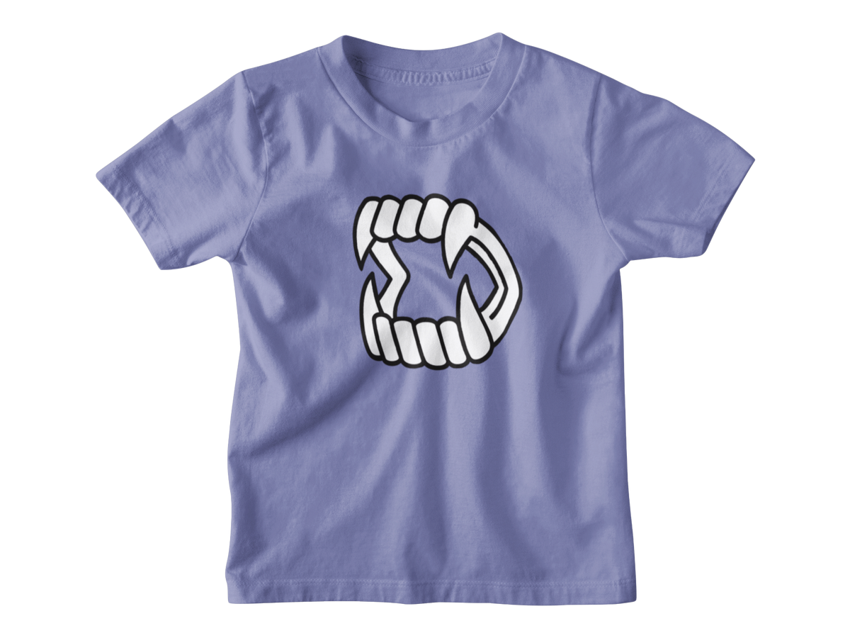 A violet short-sleeve kids t-shirt with a white cartoon graphic of Halloween vampire fangs on the chest, displayed on a solid white background.