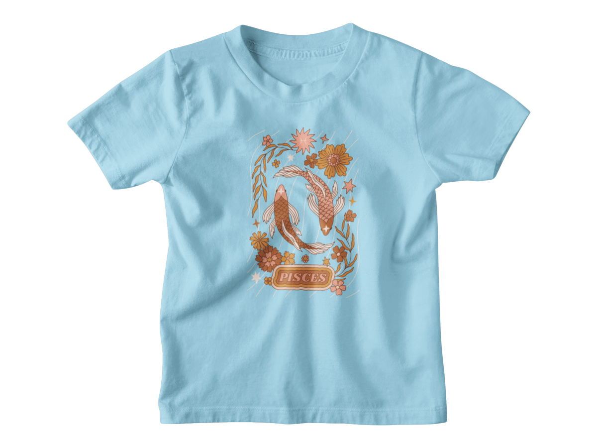 A ligh blue kids astrology t-shirt featuring two koi fish and the word &