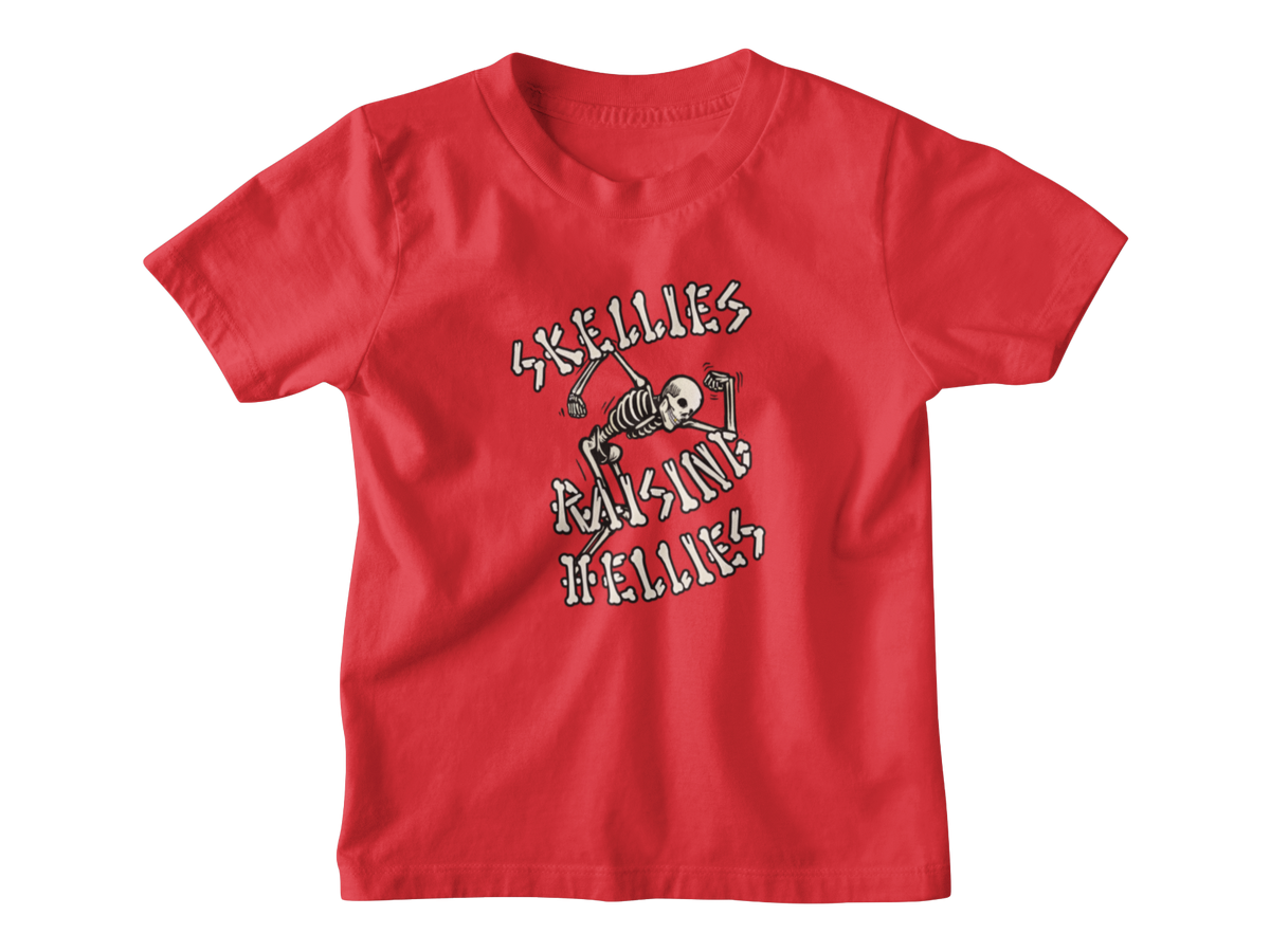 A red short-sleeve crewneck kid t-shirt featuring a graphic print of a Halloween skeleton and the text &