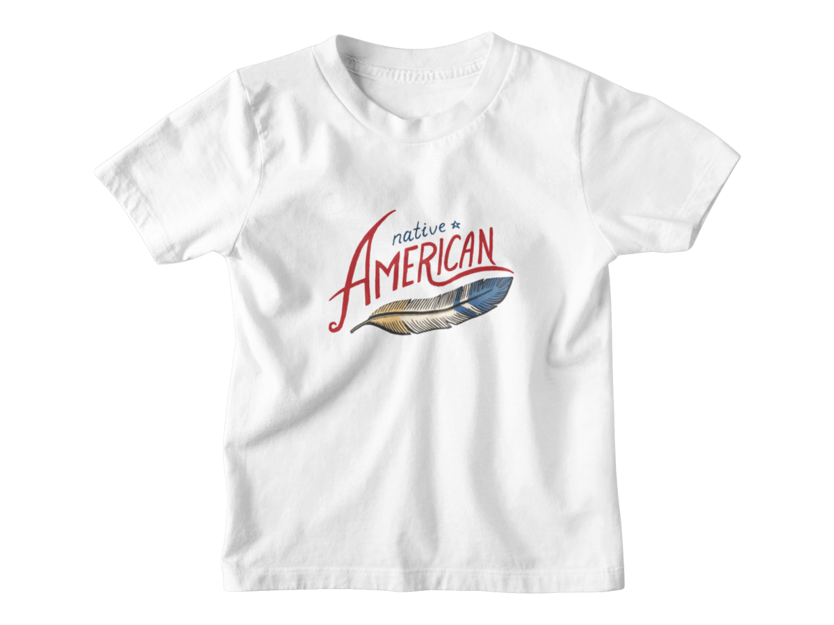 A white short-sleeve kids t-shirt with a graphic on the chest reading &