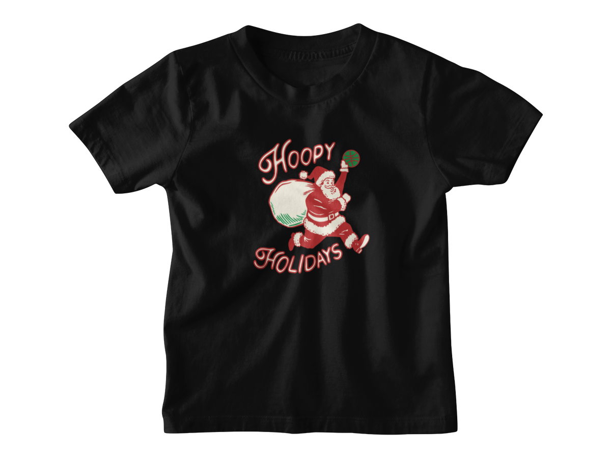 A black short-sleeve t-shirt with a vintage-style Christmas graphic of Santa Clause running while carrying a sack, with the words &