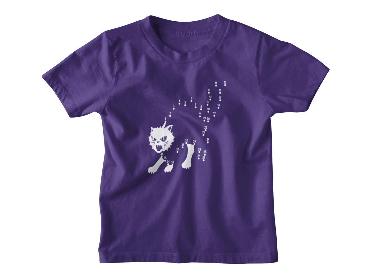 A purple short-sleeve crewneck kids t-shirt featuring a white graphic of a Halloween cat to connect the dots.