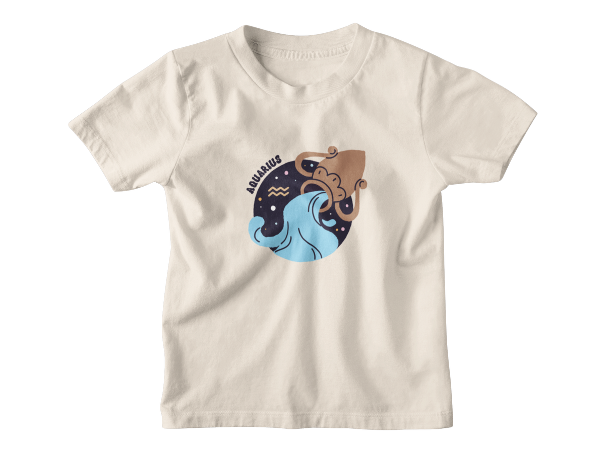 A cream-colored short-sleeve t-shirt with a circular graphic on the chest featuring a brown octopus under a dark starry sky with light blue waves and the text &