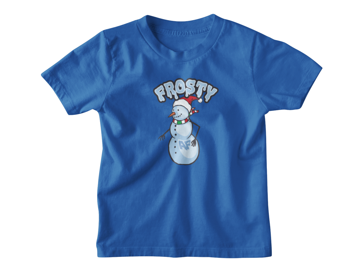A blue short-sleeve crewneck t-shirt featuring a Christmas snowman wearing a Santa hat and the word &