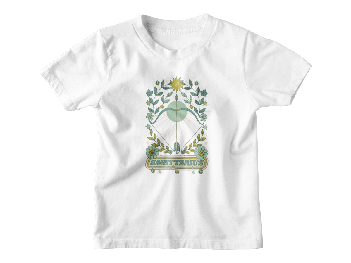 A white short-sleeve kids t-shirt with an astrology graphic of a green and gold bow and arrow with floral elements and the word &