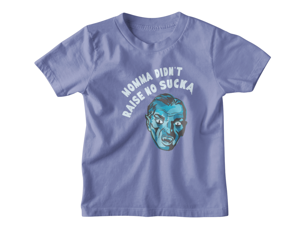 A violet short-sleeve Halloween kids t-shirt with a graphic of a vampire and the text &