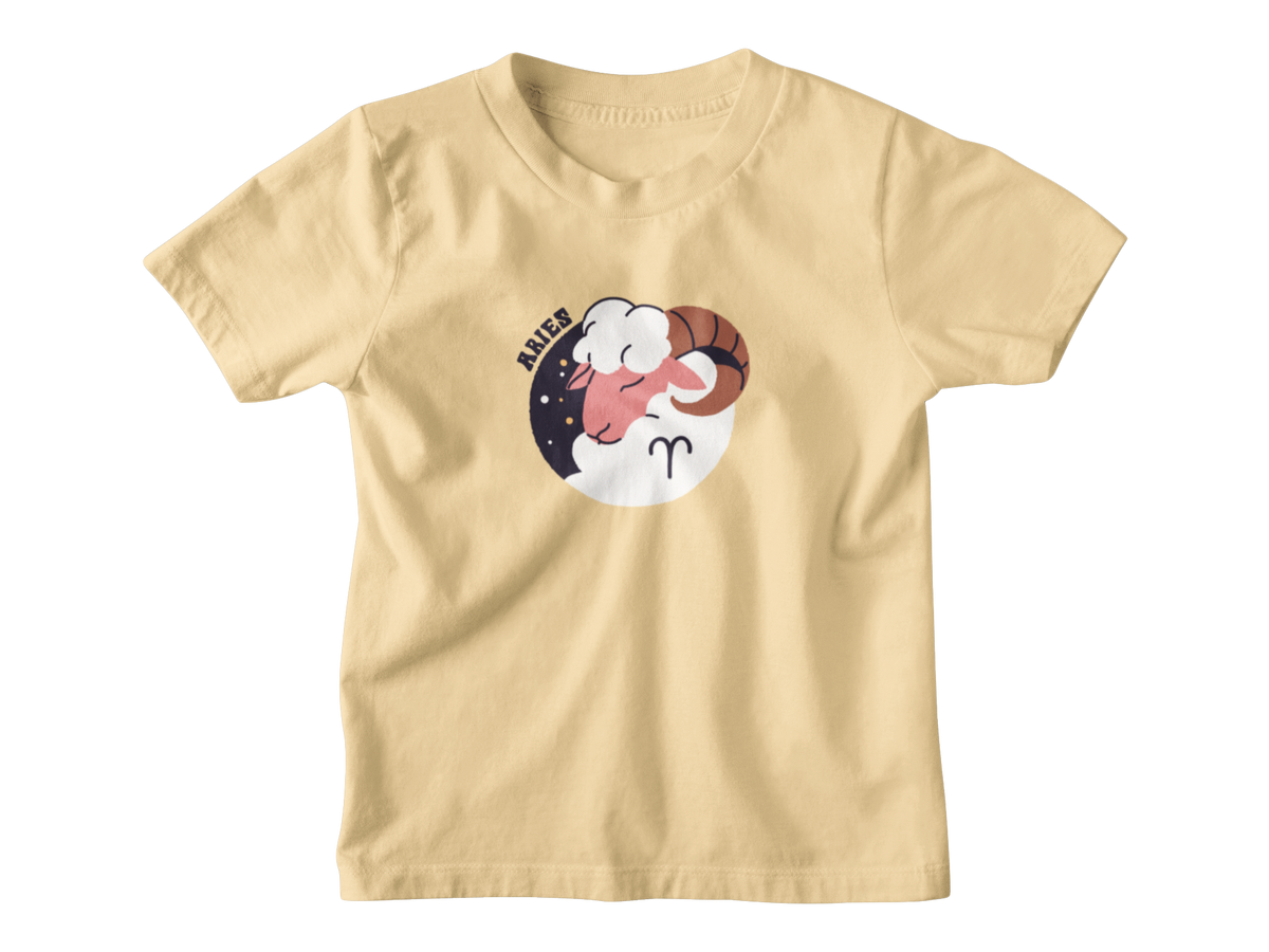 A yellow kids shirt with Aries ram astrology