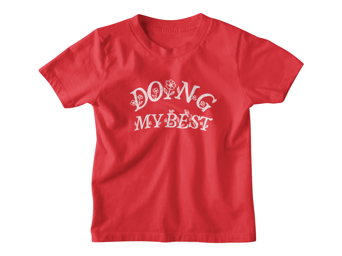 A red kids short-sleeve crewneck t-shirt with a white graphic text print reading &