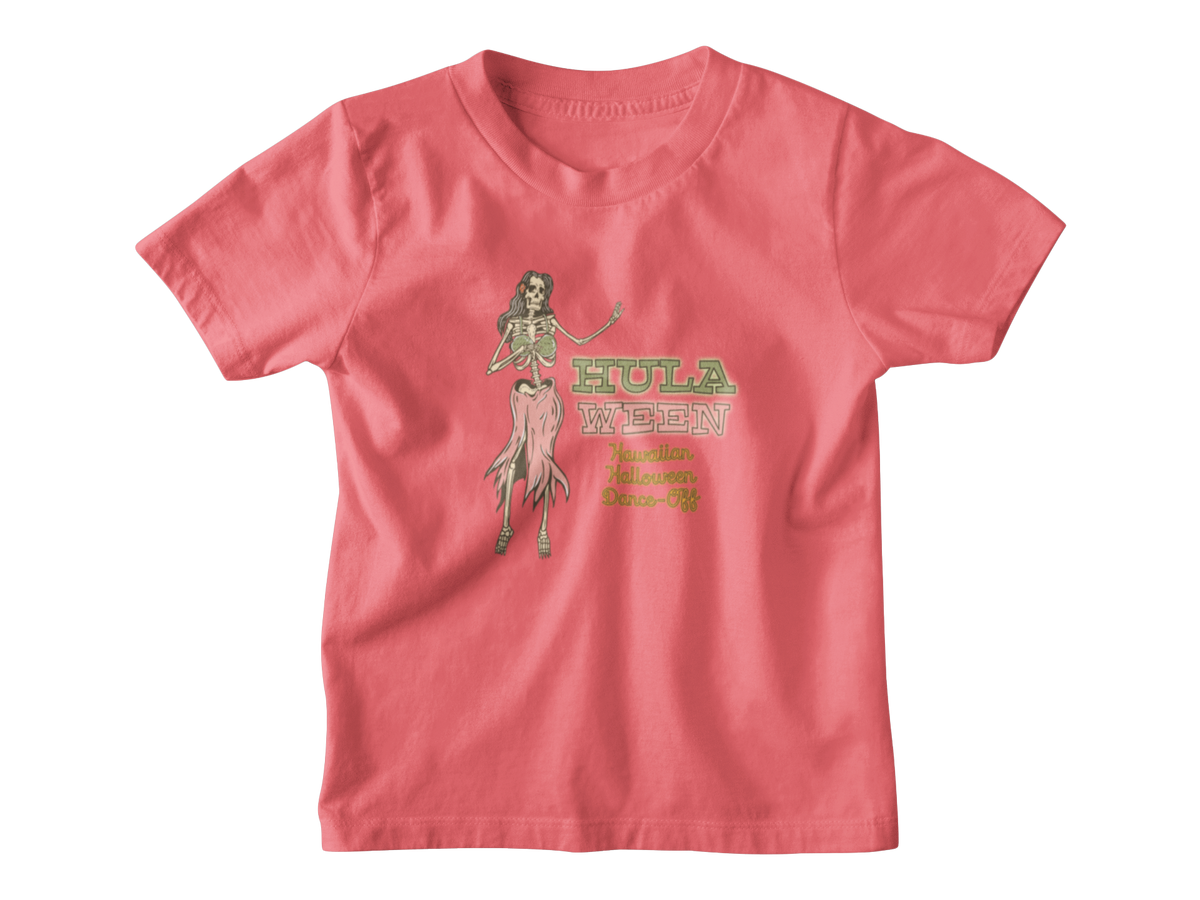 A coral pink short-sleeve kid t-shirt with a graphic on the front showing a hula dancer and the text &