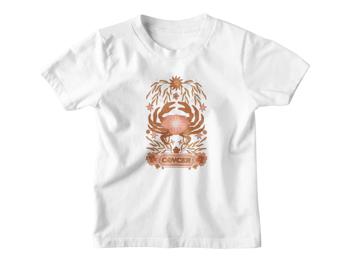 A white short-sleeve kids t-shirt featuring a central graphic of a Cancer astrology symbol, in a tarot card style.