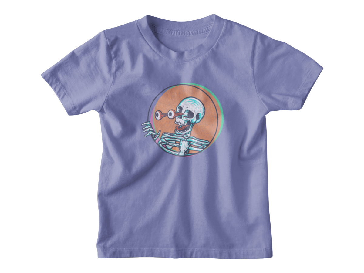 A light purple short-sleeve t-shirt with a circular graphic of a cartoon skeleton holding a pink bubblegum bubble on the chest, displayed flat against a white background.