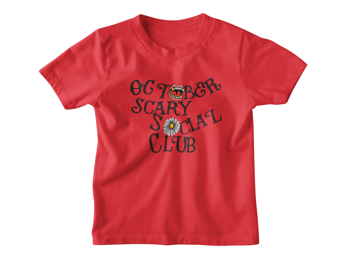 A red kid short-sleeve t-shirt with a graphic on the front that reads &