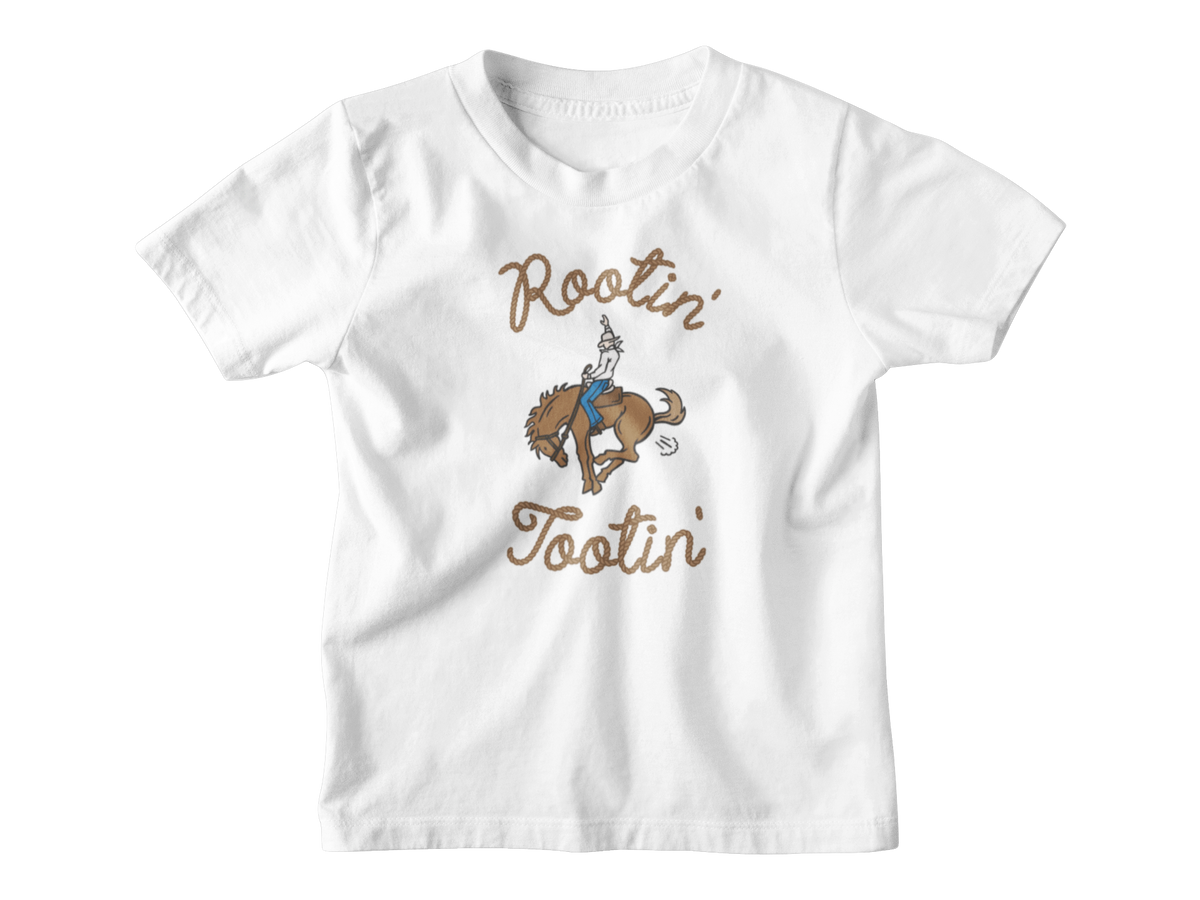 A white kids short-sleeve t-shirt with a graphic of a cowboy riding a bucking horse, surrounded by the words &