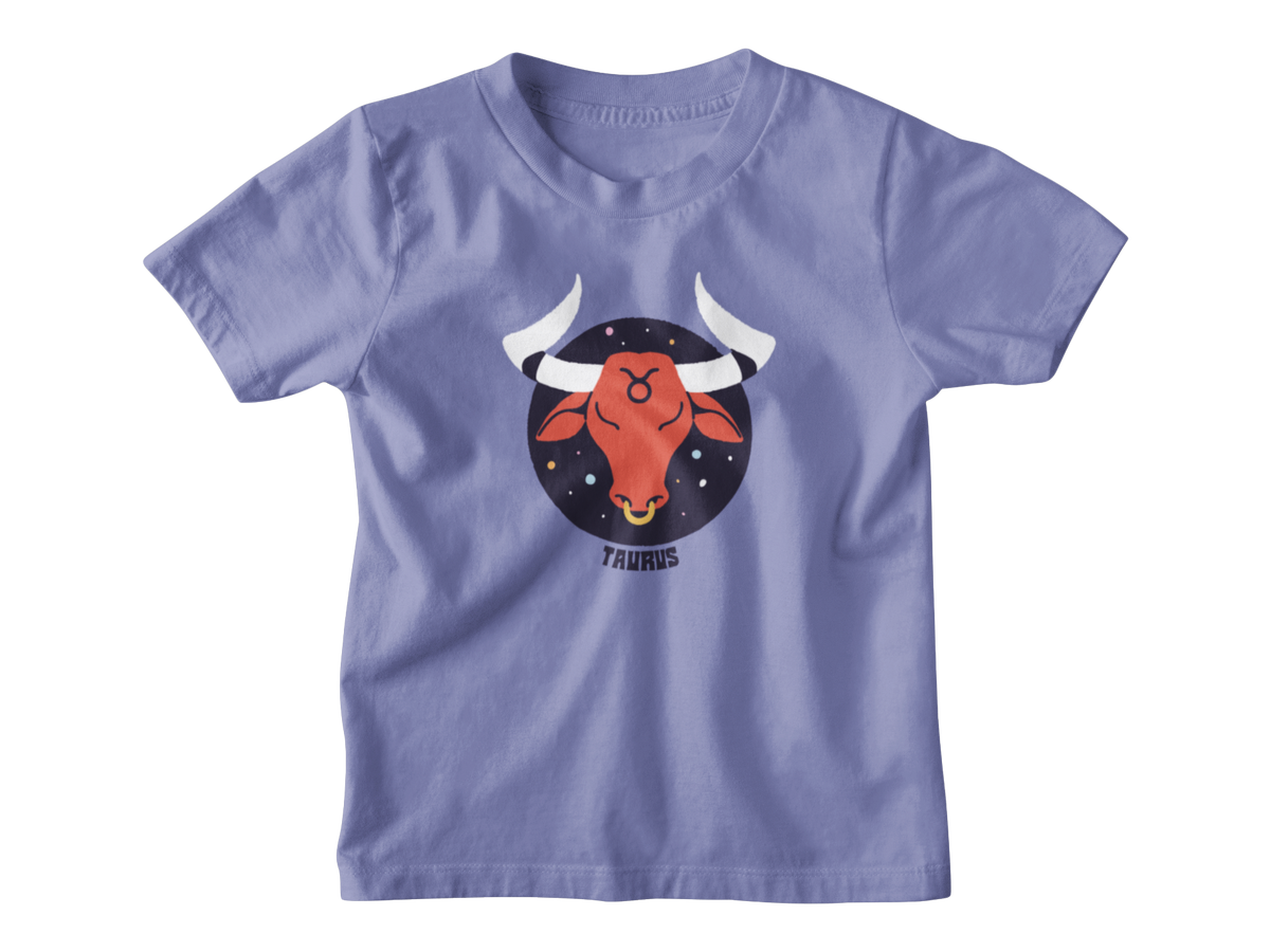 A violet short-sleeve kids t-shirt with a graphic of a red bull head inside a dark blue starry circle, labeled &