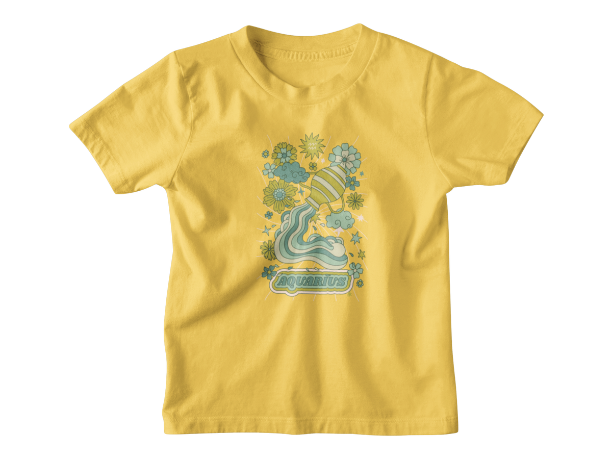 A yellow short-sleeve kids t-shirt with a colorful &