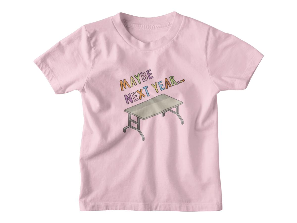 A pink short-sleeve kids t-shirt with a graphic print on the front that reads &