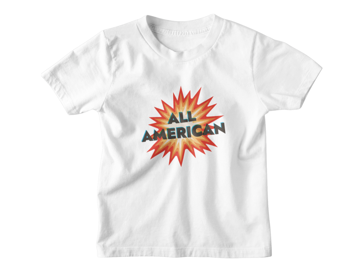 A white short-sleeve kids t-shirt with a graphic on the chest featuring a 4th of July firework with the text &