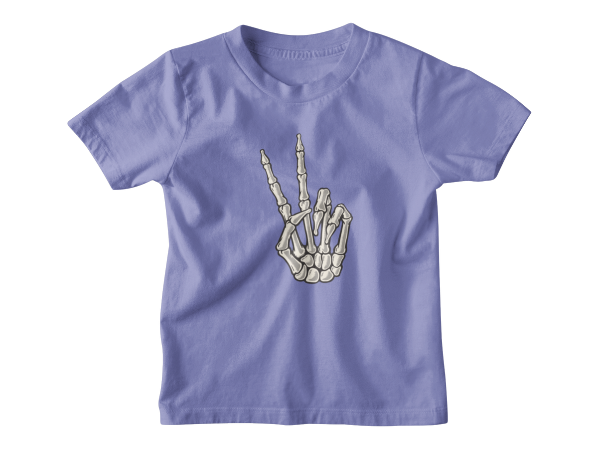 A violet short-sleeve crewneck kid t-shirt featuring a Halloween graphic of a skeletal hand making the middle finger, displayed on a clean white background.