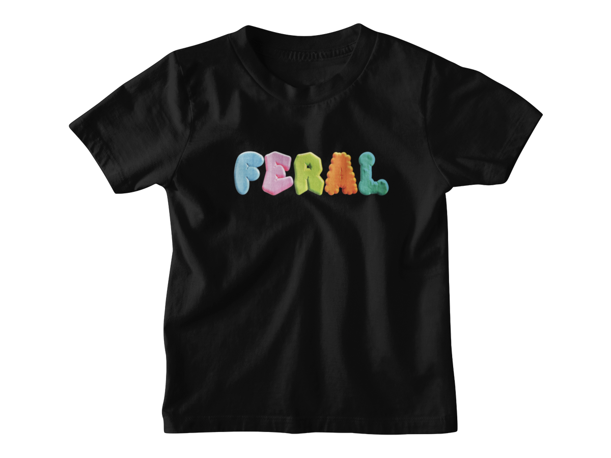A black short-sleeve kids crewneck t-shirt featuring the word &