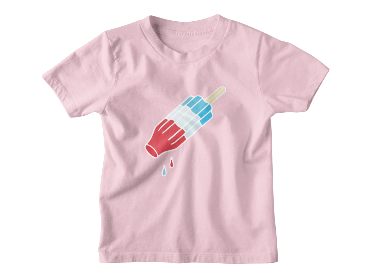 A pink short-sleeve kids crewneck t-shirt featuring a graphic of a rocket popsicle with blue and white stripes for 4th of July.