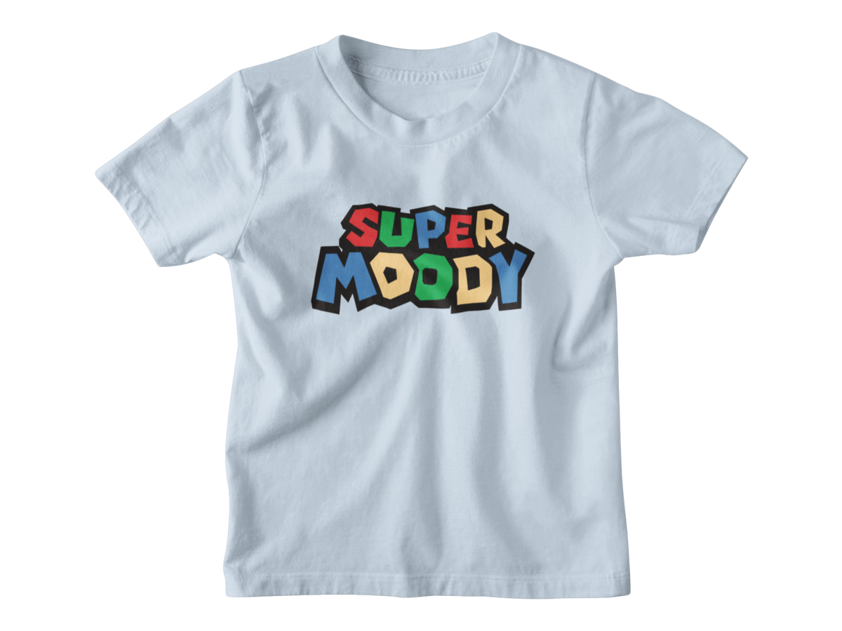 A pale blue short-sleeve kids t-shirt with a colorful graphic on the chest that reads &