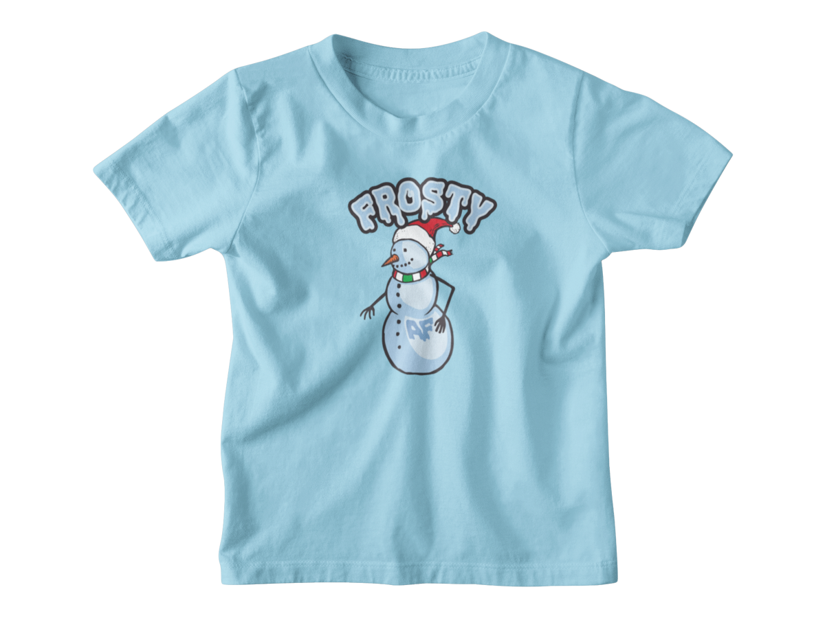 A blue short-sleeve crewneck t-shirt featuring a Christmas snowman wearing a Santa hat and the word &