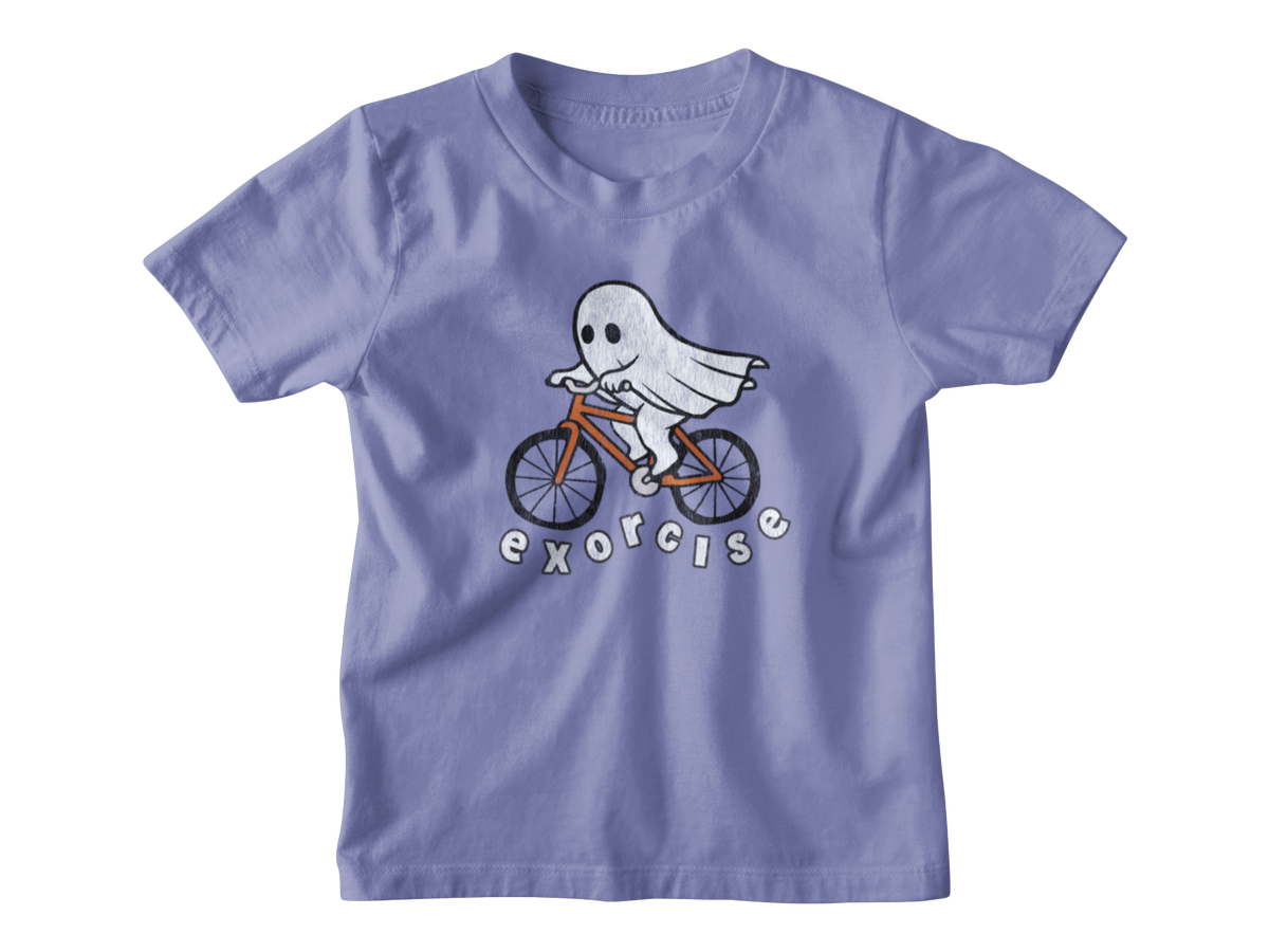 A light periwinkle blue short-sleeve t-shirt with a graphic of a white ghost riding an orange bicycle, with the word &