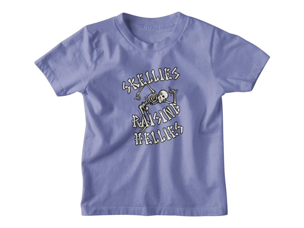 A purple short-sleeve crewneck kid t-shirt featuring a graphic print of a Halloween skeleton and the text &