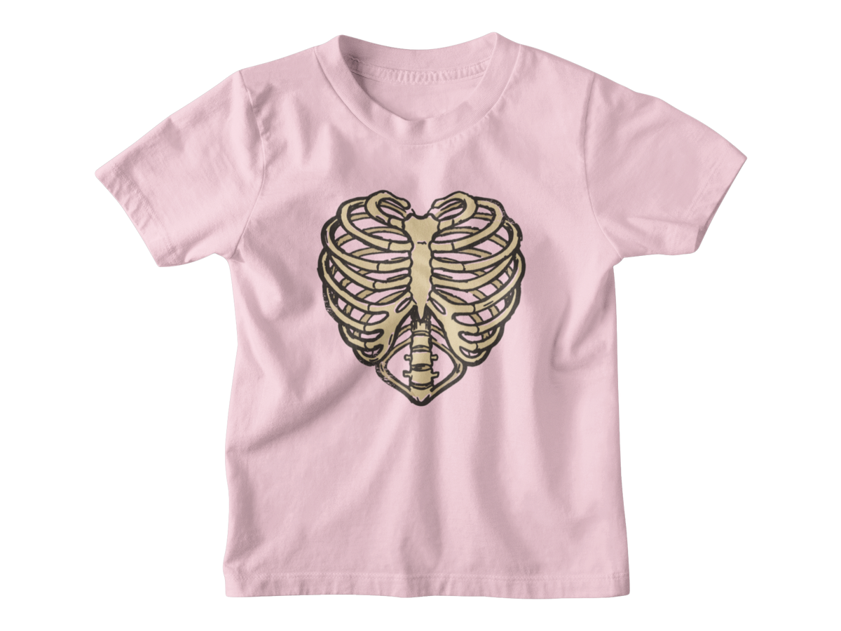 A light pink kids crewneck shirt featuring a skeleton ribcage heart for Valentine&