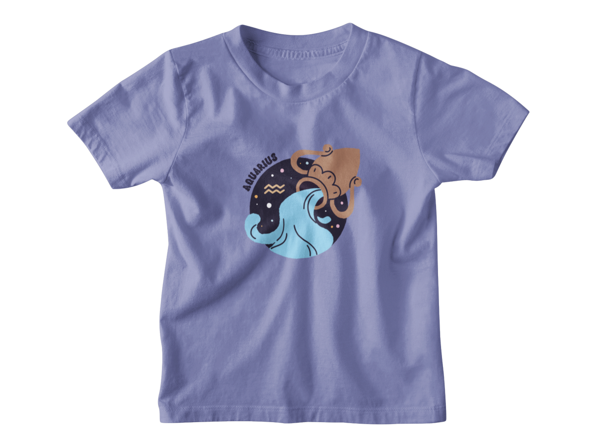 A purple short-sleeve kids t-shirt with a central graphic of the Aquarius zodiac sign.