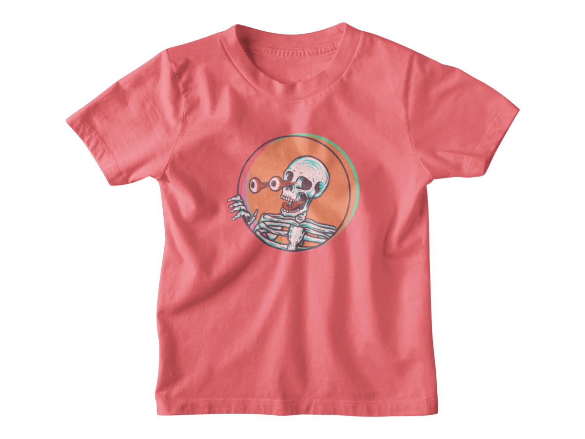 A bright pink short-sleeve t-shirt with a cartoon skeleton graphic inside a circular orange frame on the chest, displayed against a solid white background.