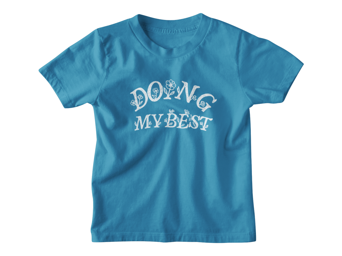 A blue kids short-sleeve crewneck t-shirt with a white graphic text print reading &