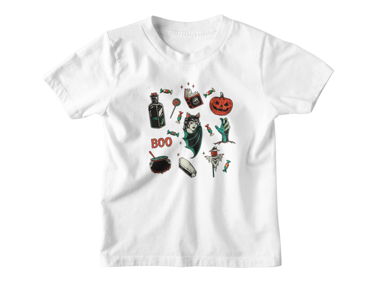 A white kids short-sleeve t-shirt with a central graphic collage of various Halloween-themed illustrations, including a jack-o&