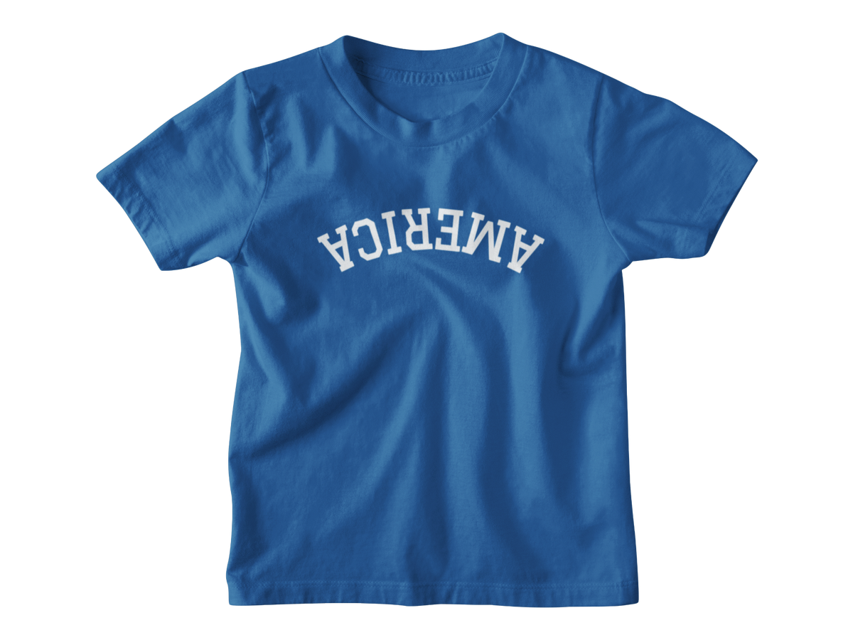 A neon blue short-sleeve crewneck kids t-shirt with &