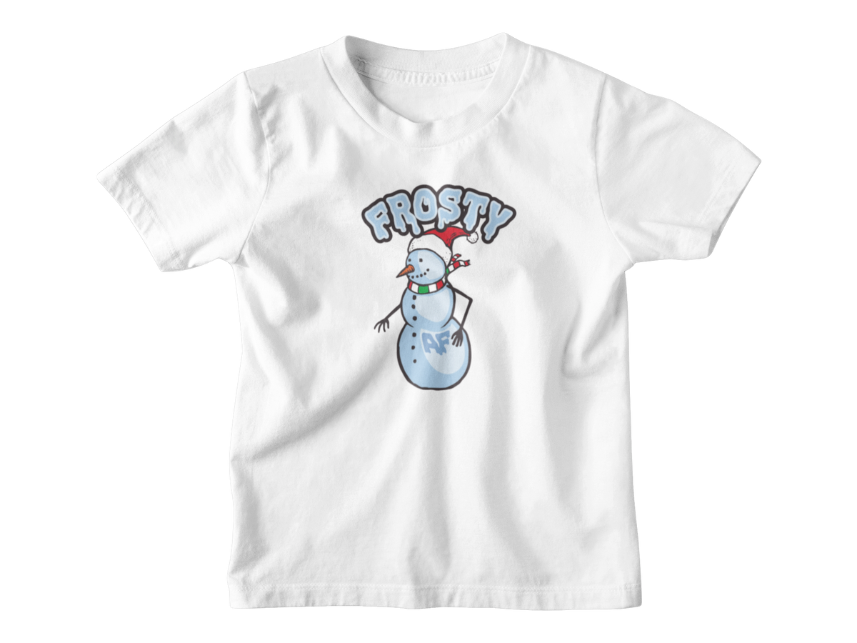 A white short-sleeve crewneck t-shirt featuring a Christmas snowman wearing a Santa hat and the word &