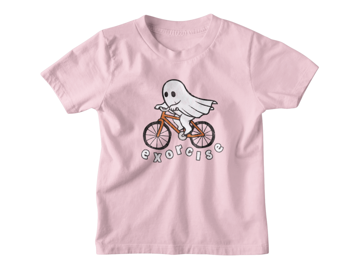 A light pink short-sleeve kids t-shirt Halloween graphic of a white ghost riding an orange bicycle, with the word &