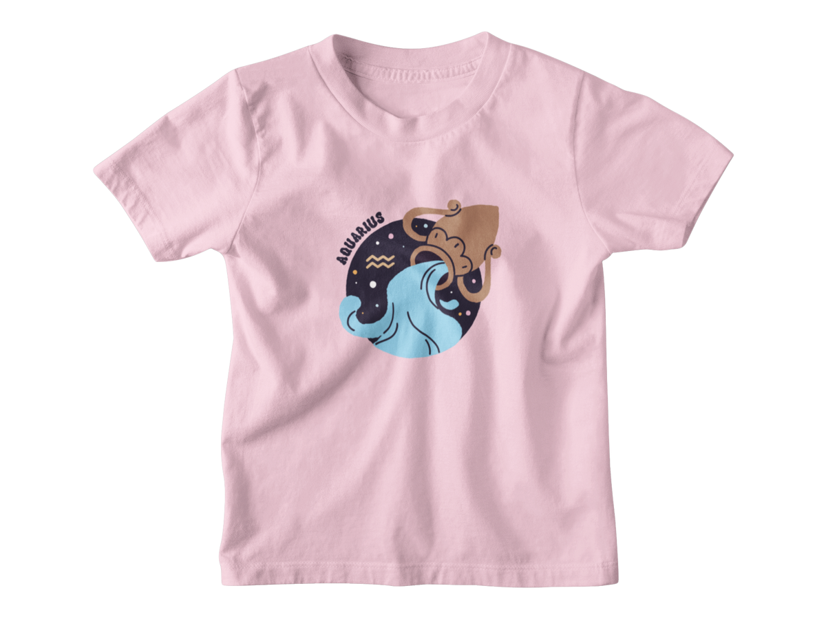 A light pink short-sleeve t-shirt with a central graphic of a brown octopus inside a blue wave, set against a dark starry sky with the text &