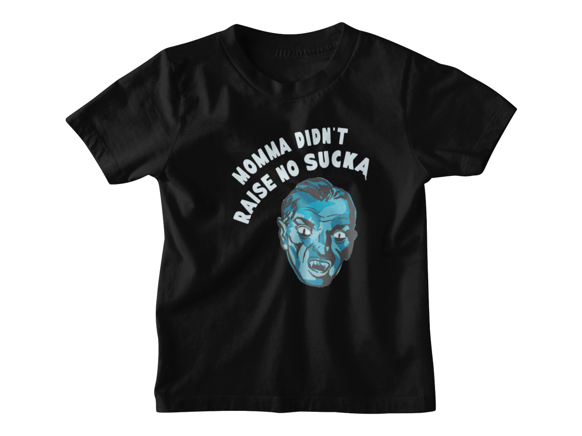 A black short-sleeve Halloween kids t-shirt with a graphic of a vampire and the text &