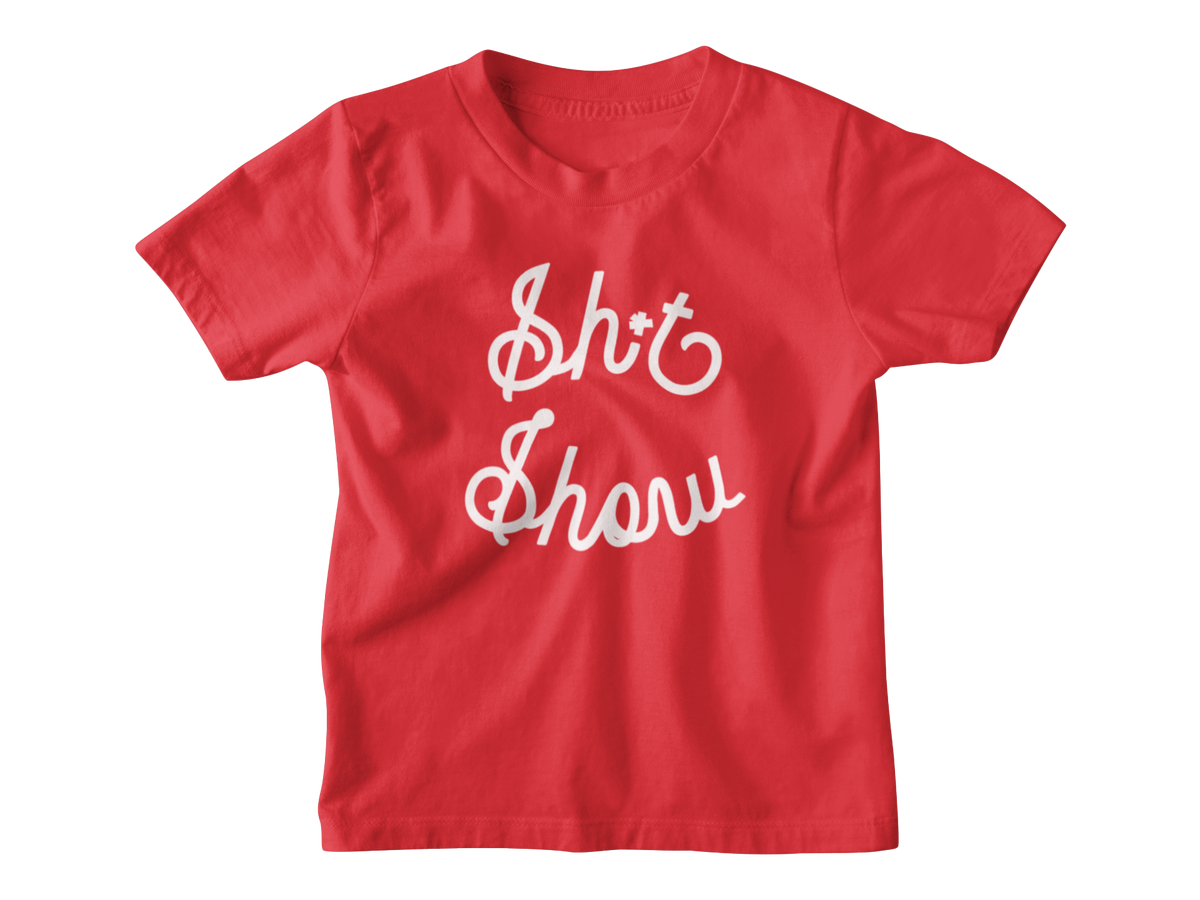 A red short-sleeve kids t-shirt with the phrase &