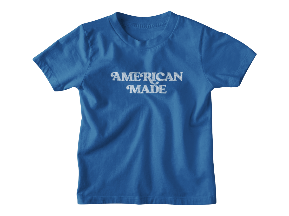 A blue short-sleeve crewneck kids t-shirt with &