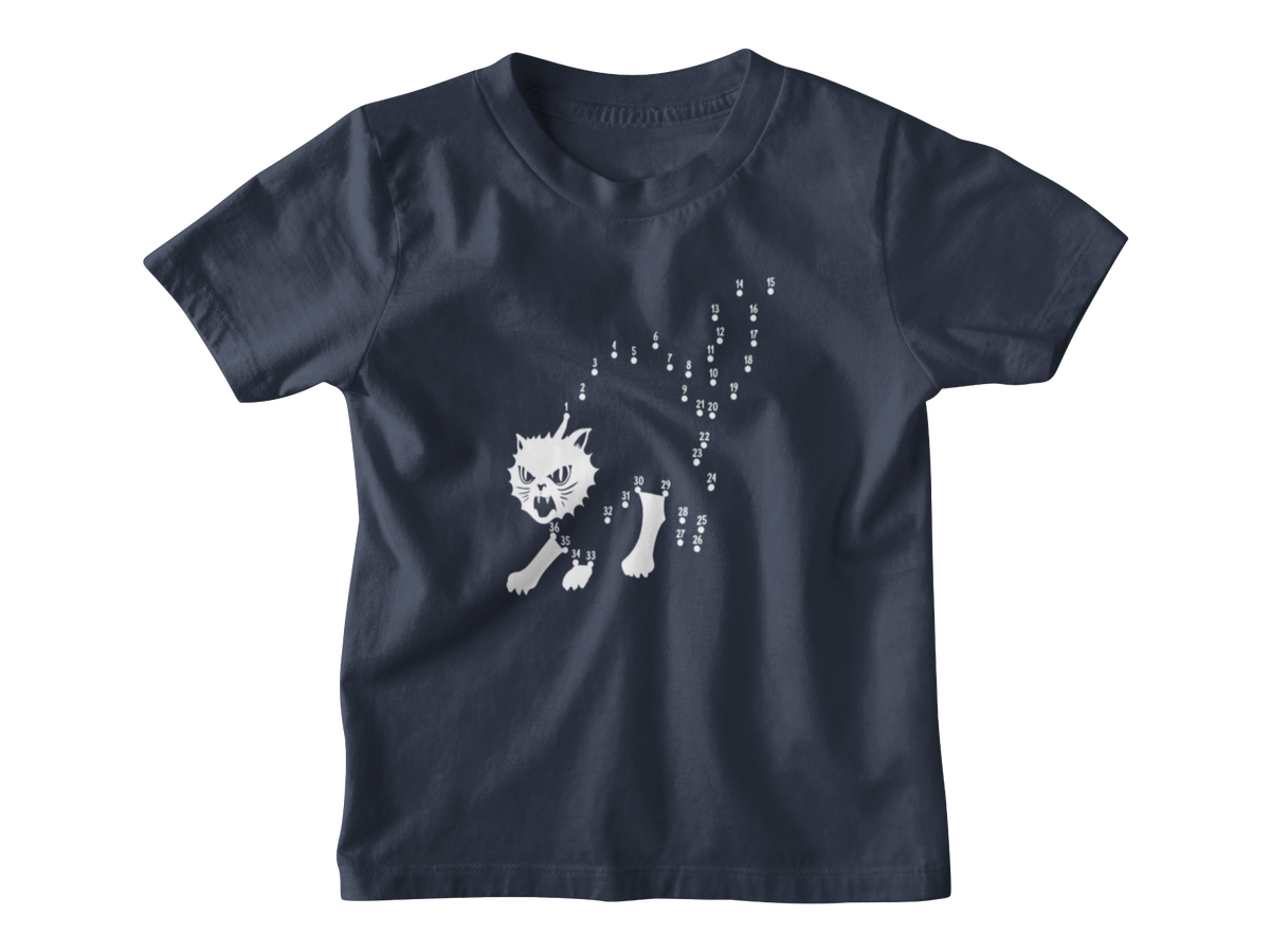 A navy blue short-sleeve crewneck kids t-shirt featuring a white graphic of a Halloween cat to connect the dots.