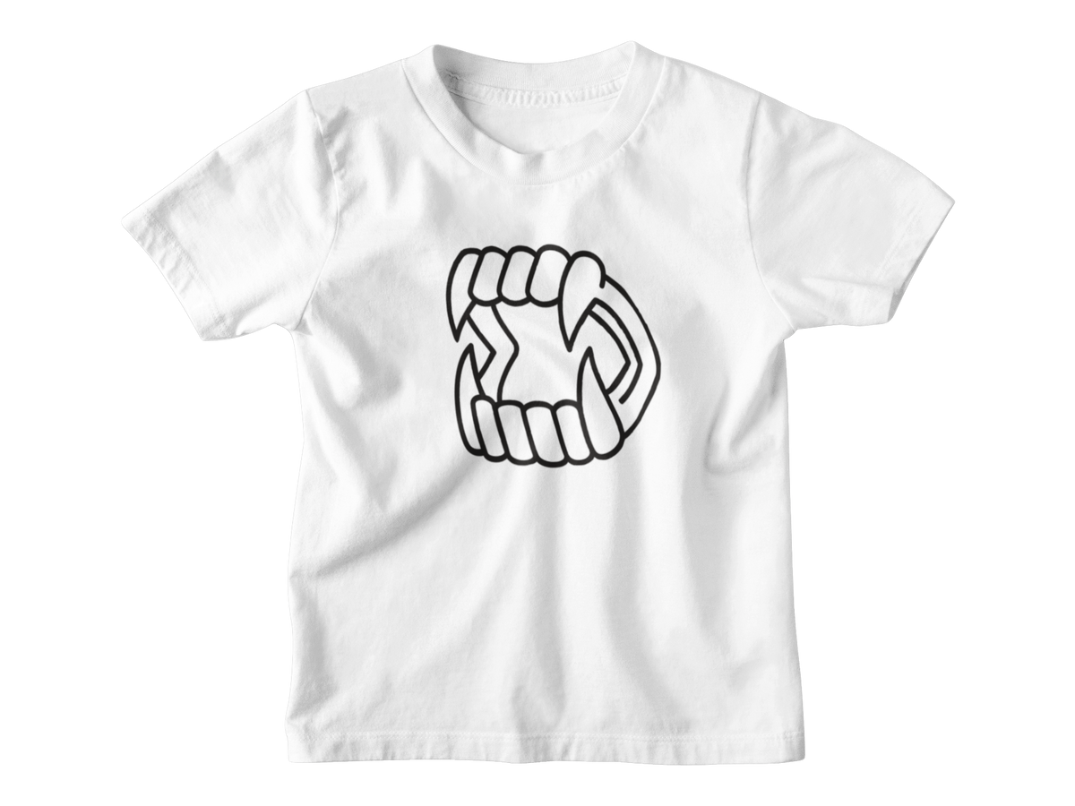 A white kids short-sleeve t-shirt with a white cartoon graphic of Halloween vampire fangs on the chest, displayed on a solid white background.