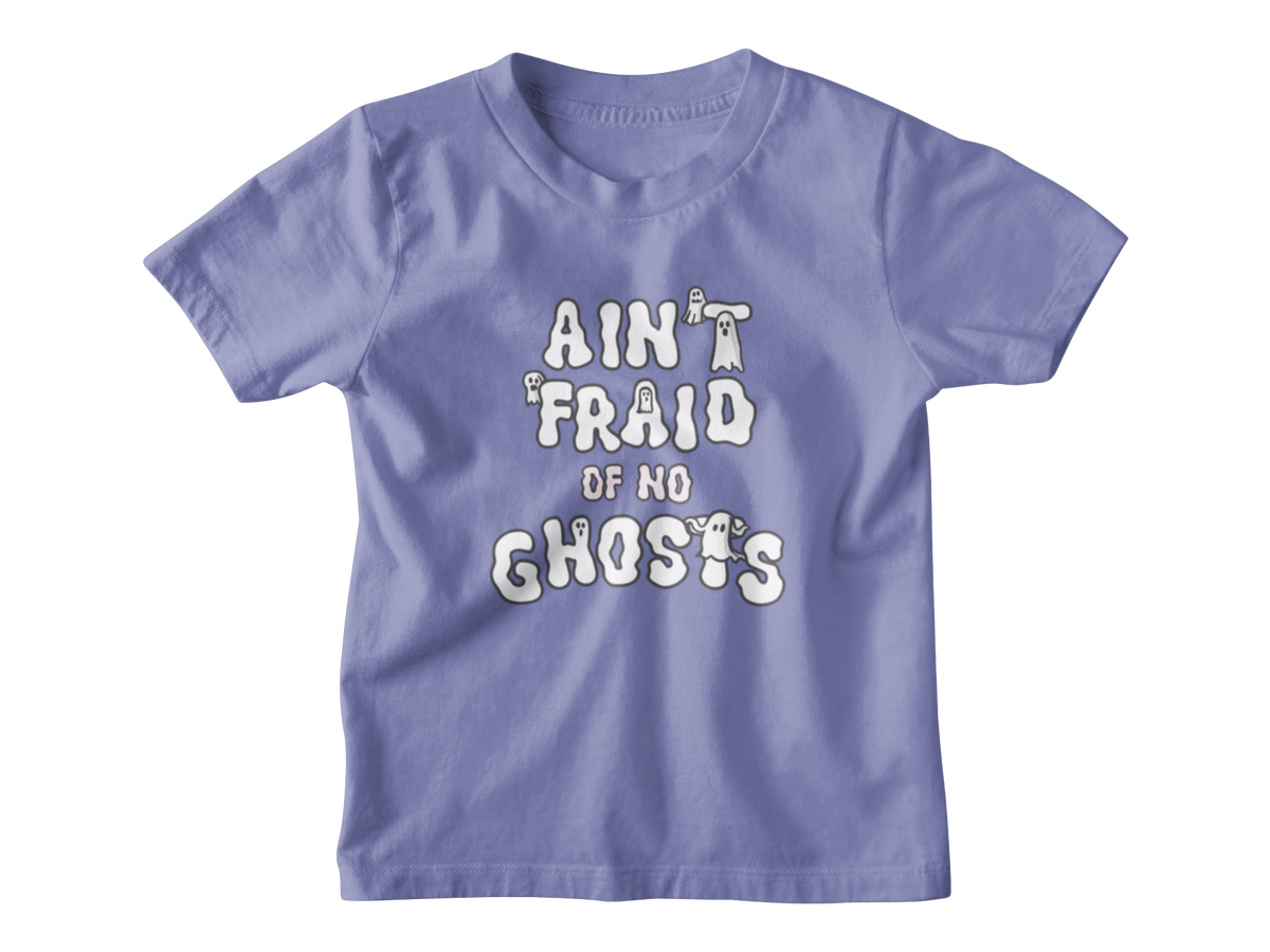 A violet short-sleeve kid t-shirt with a white graphic Halloween text print that reads &