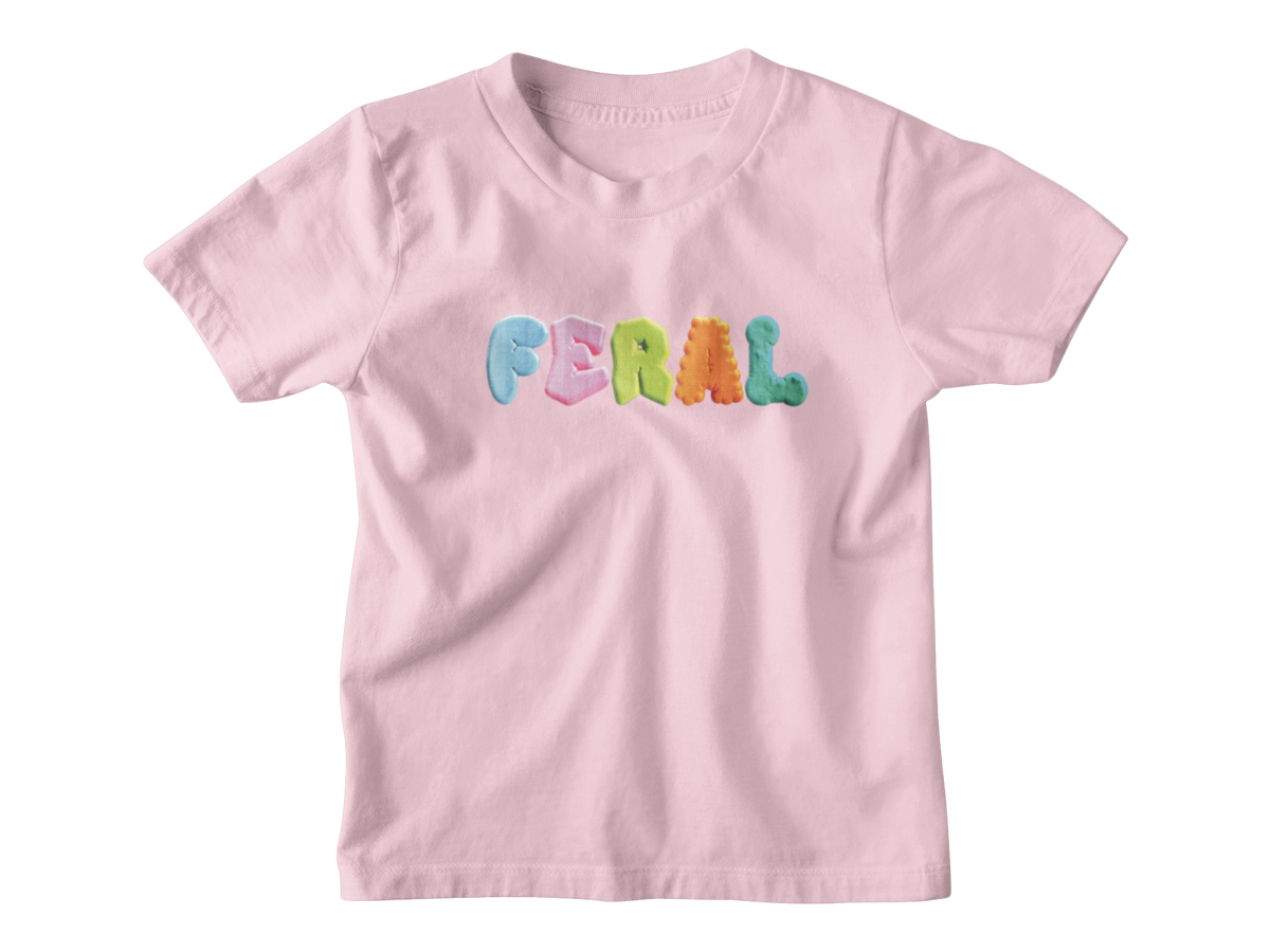 A pink short-sleeve kids crewneck t-shirt featuring the word &