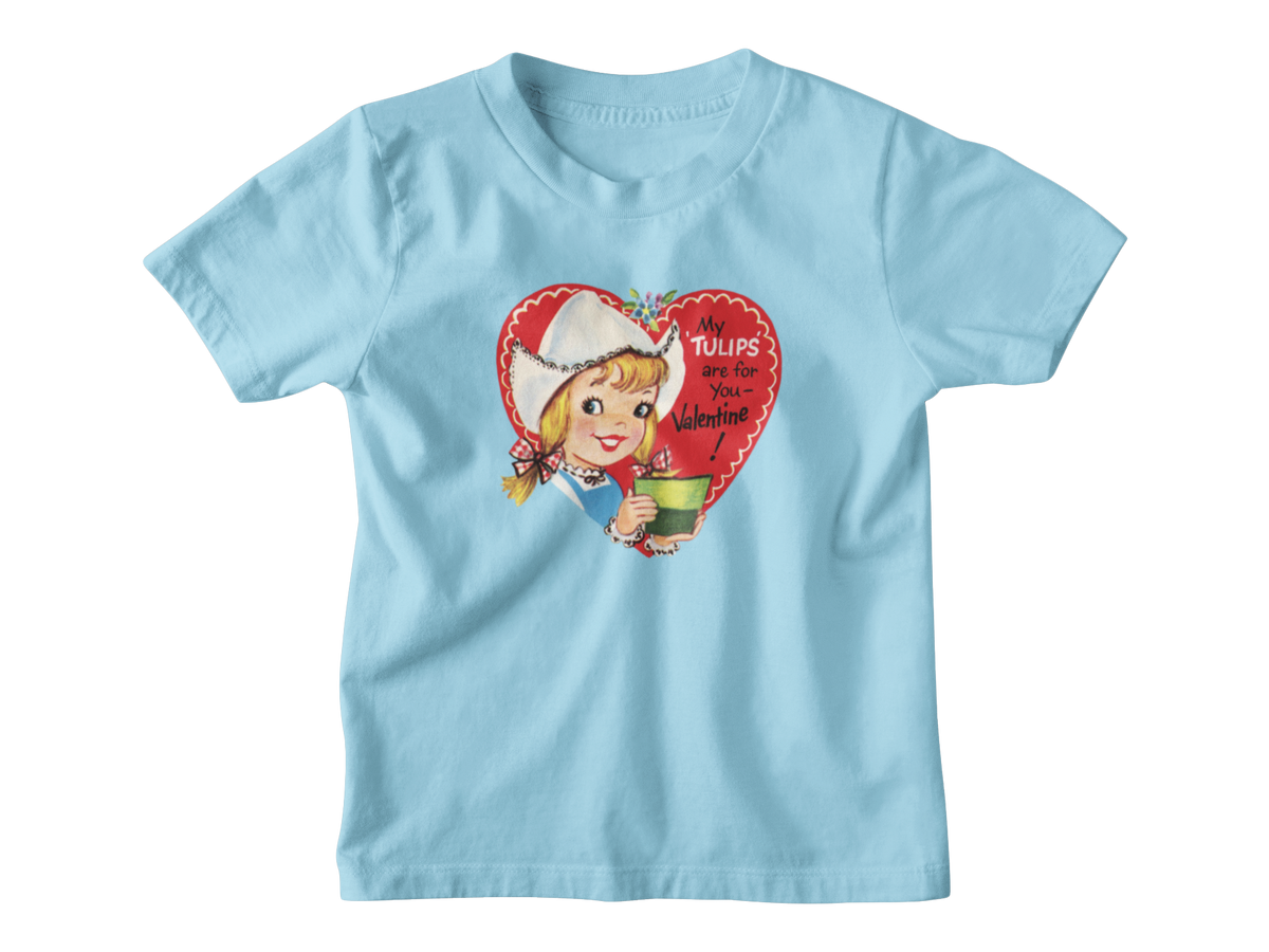 A blue short-sleeve kids t-shirt with a vintage-style red heart Valentine with the text &