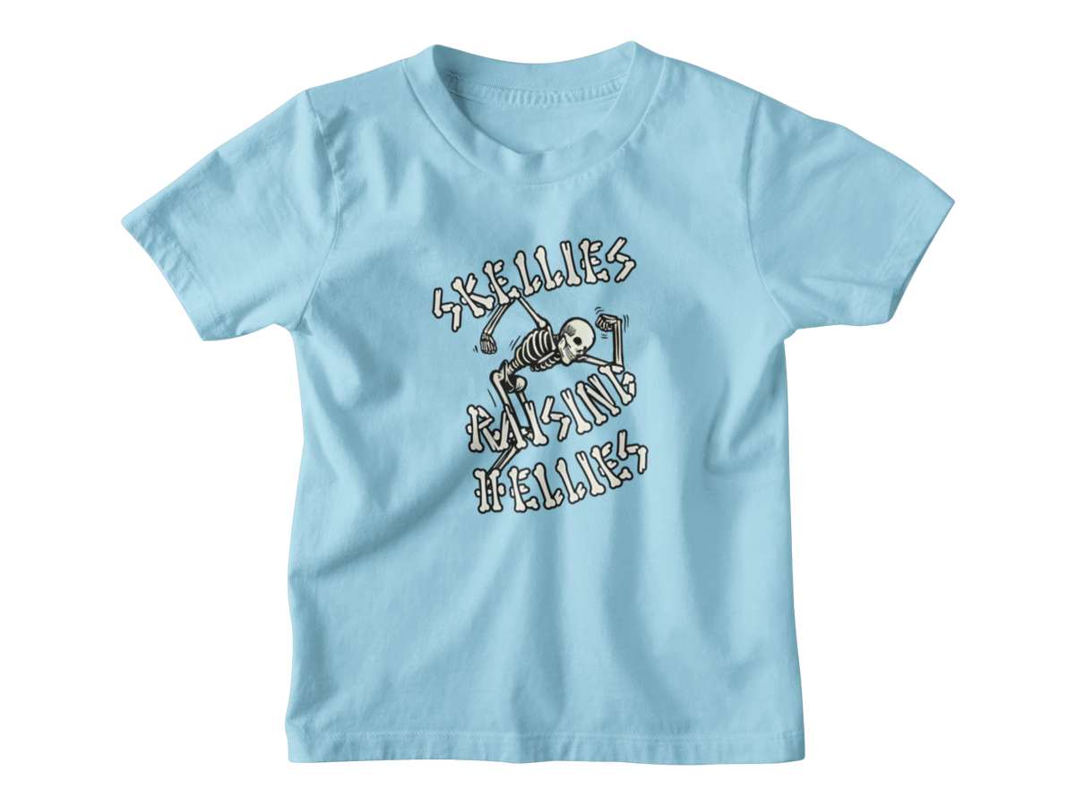 A light blue short-sleeve crewneck kid t-shirt featuring a graphic print of a Halloween skeleton and the text &